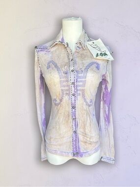 Washed Lavender and Cream Long-Sleeve Button-Up Top